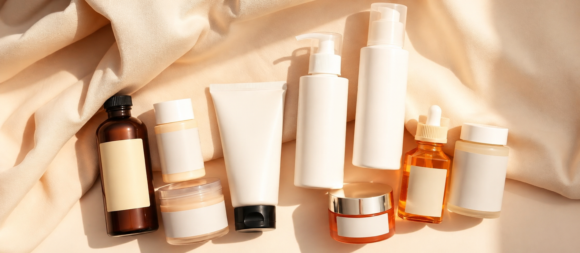 Flat lay de produtos de skincare sobre tecido macio